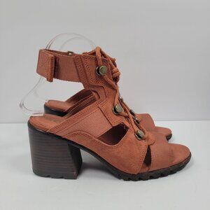 Sorel Nadia Teak Women's Brown Suede Lace Sandal Block Heel US Size 7.5